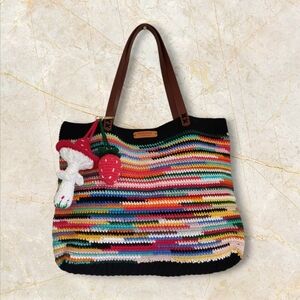 Handmade Crochet Striped Shoulder Bag With Mushroom 🍄 And Strawberry 🍓 Charm